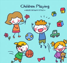 儿童游戏4款可爱手绘玩游戏的儿童矢量图