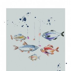 彩绘钓鱼插画水彩喷墨矢量背景