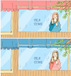 春天海报玻璃前喝水的卡通女孩插画