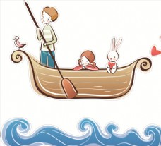 孩子划船的小人兔子小女孩