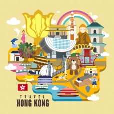 手绘矢量旅游香港景点紫荆花地图海报背景