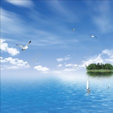 蓝天白云海鸥飞翔在小岛与船之间