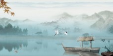 中国风彩绘草船湖泊背景设计