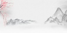 中国风彩绘花枝远处的山背景设计