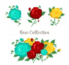 玫瑰花束3款彩色玫瑰花和花束矢量素材