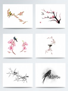 花鸟水彩的惊蛰桃花和鸟元素素材