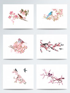 花鸟手绘的惊蛰桃花和鸟元素素材