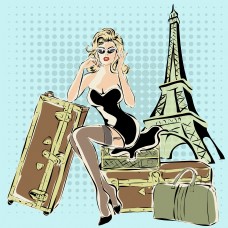 时尚女人卡通时尚手绘旅行中的女人插画