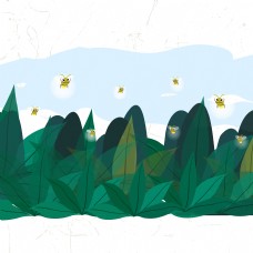 绿色叶子手绘草丛里的萤火虫矢量图