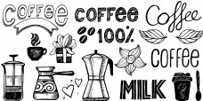 咖啡杯黑白手绘咖啡元素插画
