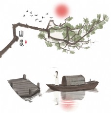 树木温雅清新湖面泛舟装饰元素