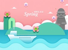 春天海报创意韩式春天主题卡通立体花朵建筑海报