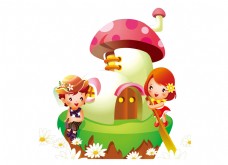 孩子卡通蘑菇房子邹菊男孩女孩png元素