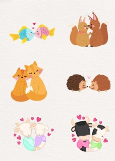 七夕情人节扁平化可爱设计卡通动物爱情